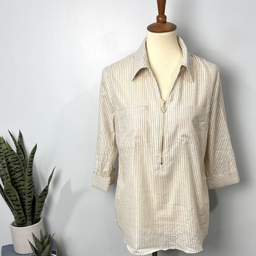 ❄️ Anne Klein NWT Tan Combo 3/4 Sleeve Top Size Medium